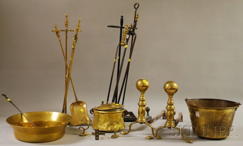 Large Lot of Assorted Brass and Iron Fireplace and: Large Lot of Assorted Brass and Iron Fireplace and Hearth Articles, including a stand with two tools, three jamb hooks, tongs, a poker and tongs, basin, kettle, pot, two pairs of belted ball-top andir