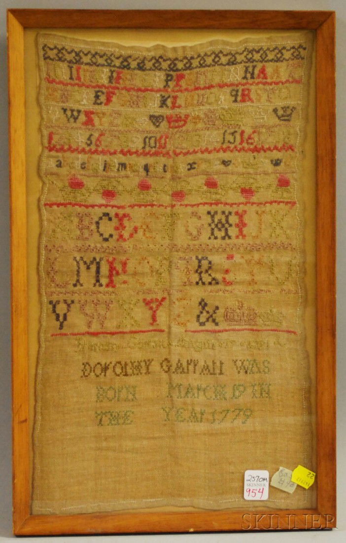 Framed 1791 Dorothy Garratt Needlework Sampler, si: Framed 1791 Dorothy Garratt Needlework Sampler, sight size 17 x 10 in.