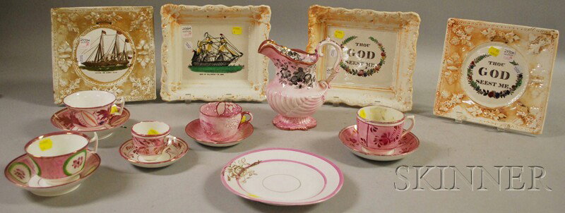 Four English Sunderland Orange Lustre and Transfe: Four English Sunderland Orange Lustre and Transfer-decorated Pottery Plaques, and Twelve Pink Lustre Tableware Items, plaques including "Victoria and Albert Yacht," "Duke of Wellington" ship, and two 