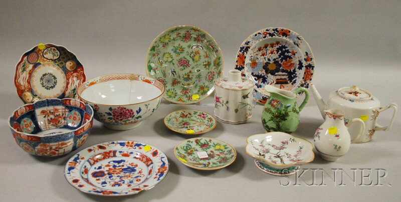 Thirteen Pieces of Assorted Chinese Export and As: Thirteen Pieces of Assorted Chinese Export and Asian Porcelain Tableware, including a jug, tea caddy, four plates, two bowls, a teapot, a footed dish, a celadon jug, and a pair of small dishes.