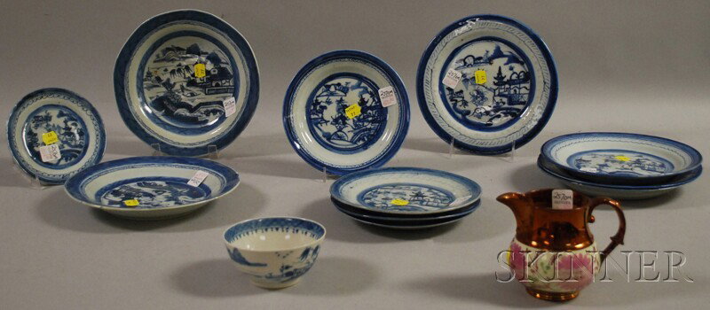 Twelve Pieces of Chinese Export Porcelain Canton : Twelve Pieces of Chinese Export Porcelain Canton Tableware and an English Copper Lustre Jug.