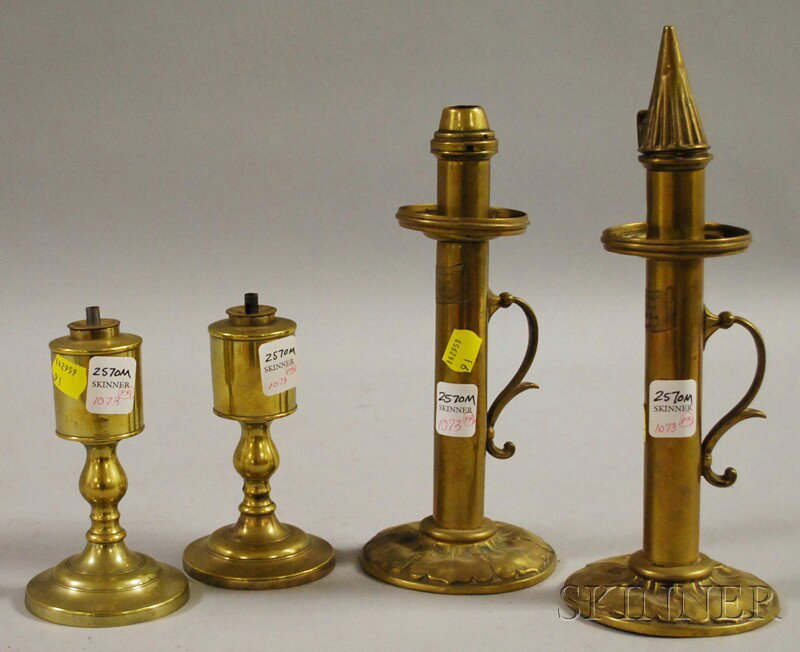 Pair of Brass Fluid Peg Lamps and a Pair of Palme: Pair of Brass Fluid Peg Lamps and a Pair of Palmer & Co., London, Brass Candle Hand Lamps.