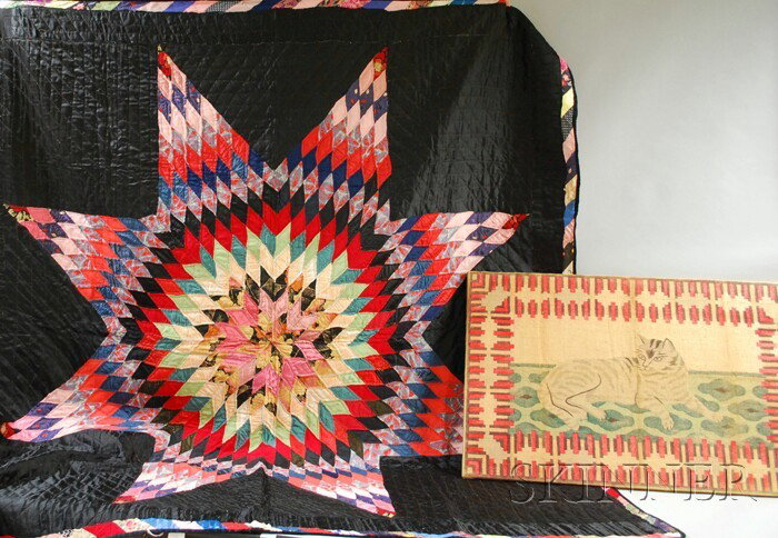 Pieced Central Star Pattern Quilt and an E. Ross : Pieced Central Star Pattern Quilt and an E. Ross & Co. Printed Recumbent Cat Pattern Rug Hooking Burlap Panel on Frame, quilt 78 x 74 in.