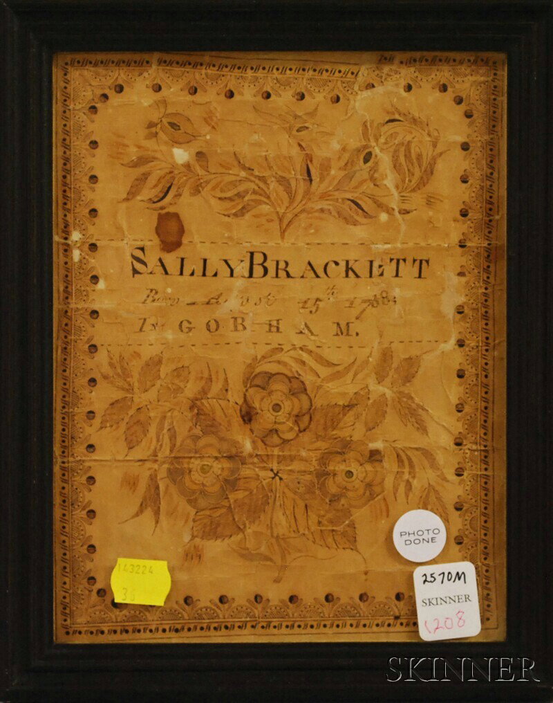 Framed Late 18th Century Ink on Paper "Sally Brac: Framed Late 18th Century Ink on Paper "Sally Brackett" Penwork, in a black-painted molded wood frame, sight size 8 1/4 x 6 1/2 in.