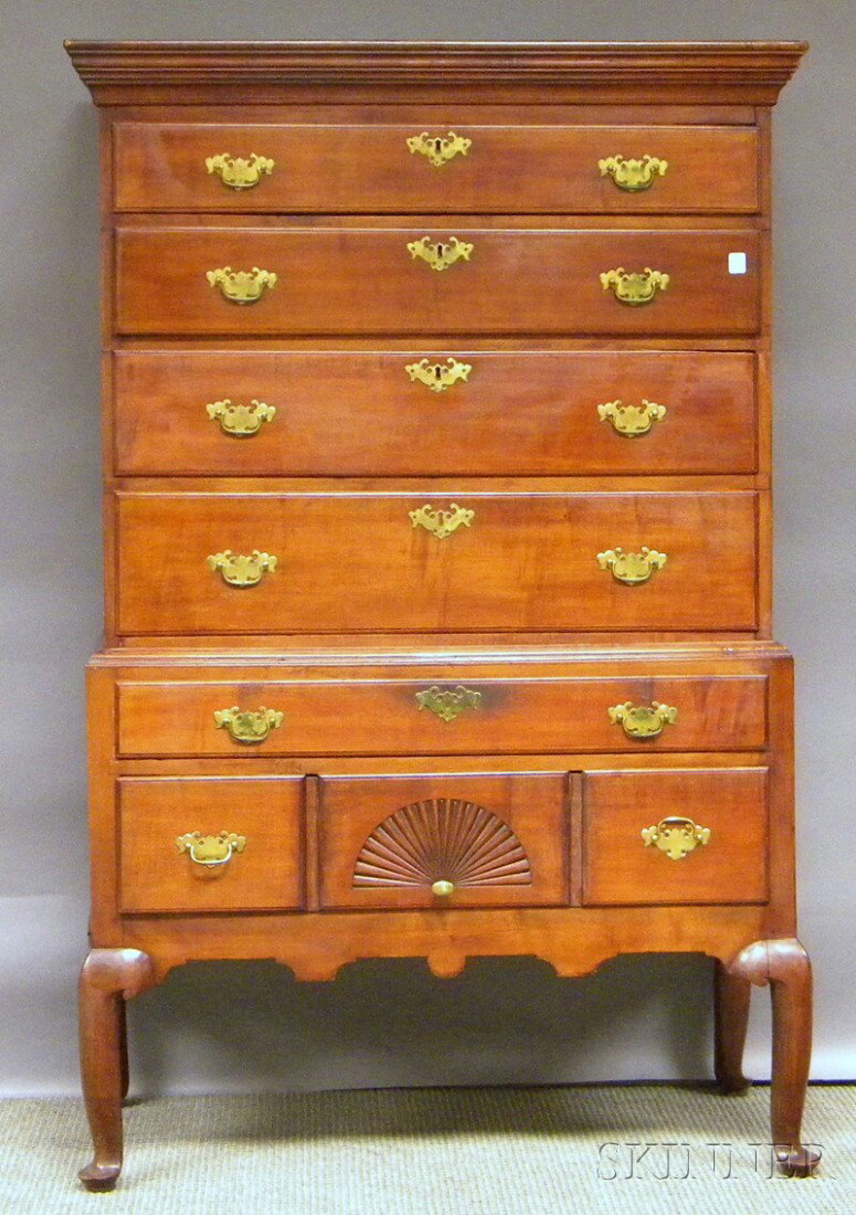 Queen Anne Carved Cherry Flat-top Highboy, in two: Queen Anne Carved Cherry Flat-top Highboy, in two parts, (cut down), approx. ht. 61 1/4, wd. 40 in.