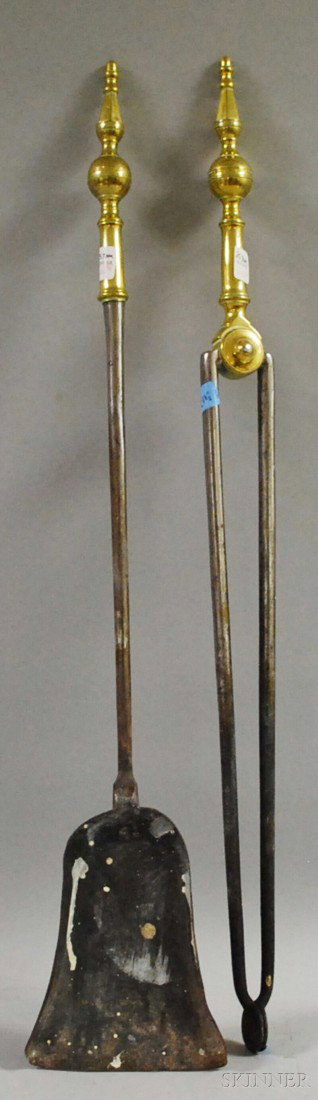 Pair of Brass and Iron Steeple-top Fireplace Tool: Pair of Brass and Iron Steeple-top Fireplace Tools, a shovel and a pair of tongs, lg. 31 1/4, 31 3/4 in.