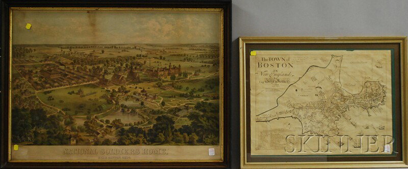 Two Framed Works, a reproduction map of "The Town: Two Framed Works, a reproduction map of "The Town of Boston in New England by Capt. John Bonner, 1722," and "National Soldiers Home, Near Dayton, Ohio," framed dimensions to 26 x 35 1/4 in.