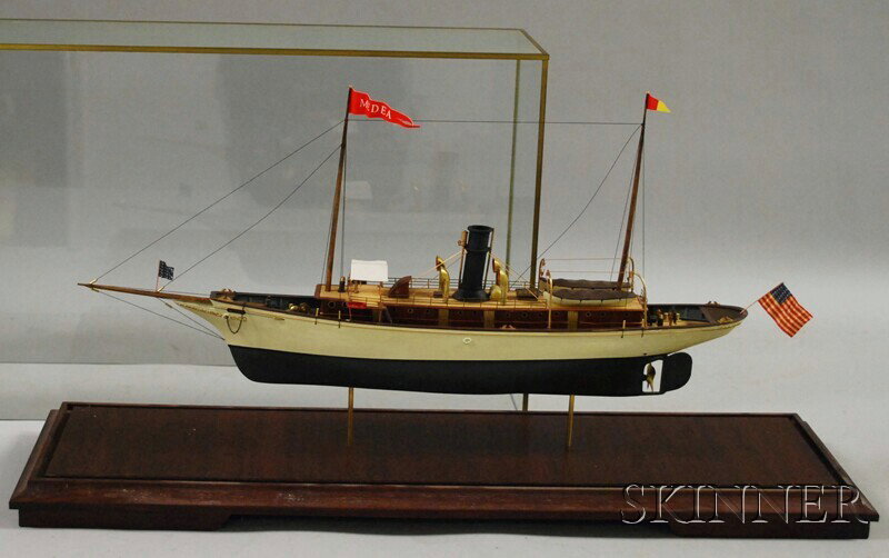 Cased Model of the Steam Yacht Medea, home port N: Cased Model of the Steam Yacht Medea, home port New York, approx. model lg. 23, case ht. 14 1/2, lg. 26, wd. 7 3/4 in.