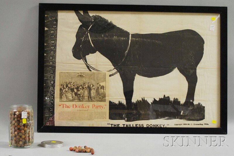 Framed The Donkey Game with Printed Cotton The Ta: Framed The Donkey Game with Printed Cotton The Tailless Donkey, and a Jar of Approximately 360 Colored Clay Marbles, the donkey game "C. Zimmerling, Phila., copyright 1888-90," sight s