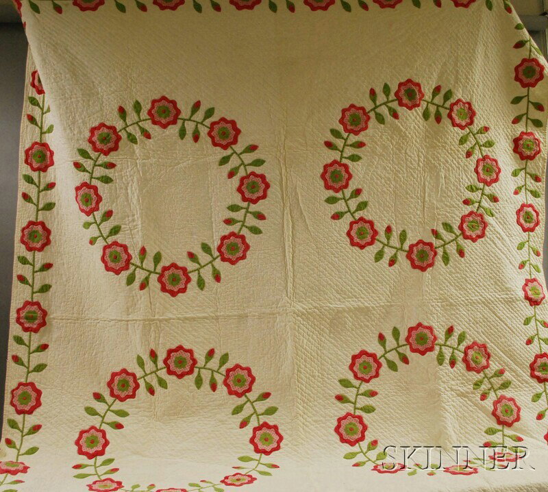 Hand-stitched Cotton Floral Chain Applique Patter: Hand-stitched Cotton Floral Chain Applique Pattern Quilt, (even wear, edge hem loose, all-around outer edge discolor, small hole and small hole repair, soiling, some stains), 84 x 71 1/4 in.