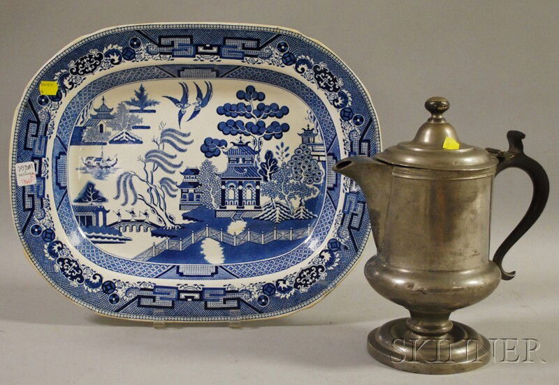 Pewter Footed Coffeepot and a Ridgways Blue Willo: Pewter Footed Coffeepot and a Ridgways Blue Willow Pattern Platter.