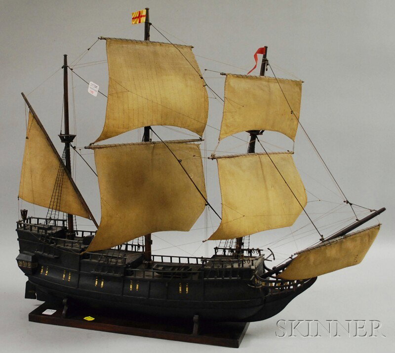 Painted Wood Model of a Three-masted Sailing Ship: Painted Wood Model of a Three-masted Sailing Ship Revenge, approx. ht. 25, lg. 29 in. Provenance: Skinner auction 1395, lot 138.