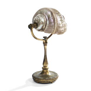 Tiffany Studios Lamp with Conch Shell Shade, New York, New York, bronze dore base, stamped mark ...: Tiffany Studios Lamp with Conch Shell Shade,New York, New York, bronze dore base, stamped mark 'Tiffany Studios New York,' shade natural shell ground to mother-of-pearl layer, single socket, total