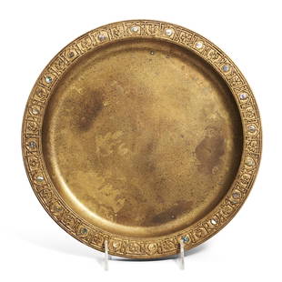 Tiffany Studios Dore Bronze Serving Tray, New York, New York, early 20th century, abalone-inlaid...: Tiffany Studios Dore Bronze Serving Tray,New York, New York, early 20th century, abalone-inlaid border, stamped mark 'Tiffany Studios New York 1730,' dia. 12 in.