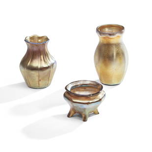 Three Tiffany Studios Favrile Glass Vases, New York, New York, early 20th century, bud vase, inc...: Three Tiffany Studios Favrile Glass Vases,New York, New York, early 20th century, bud vase, incised mark 'L.C.T. 2442A,' ht. 3 1/3 in. (8.5 cm), ribbed vase, incised mark 'L.C. Tiffany Favrile