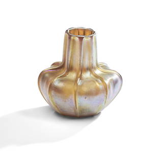 Tiffany Studios Gold Favrile Glass Bud Vase, New York, New York, early 20th century, incised mar...: Tiffany Studios Gold Favrile Glass Bud Vase,New York, New York, early 20th century, incised mark 'X48 L.C.T. Favrile,' ht. 4 in. (10 cm).