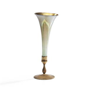 Tiffany Studios Favrile Glass Pulled-feather Trumpet Vase, New York, New York, early 20th centur...: Tiffany Studios Favrile Glass Pulled-feather Trumpet Vase, New York, New York, early 20th century, gilt-bronze base with stamped mark '(partly indistinct) Tiffany Studios New York 1043,' monogram on b