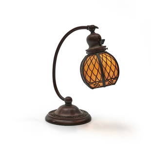 Handel Desk Lamp, Meriden, Connecticut, c. 1910, patinated bronze, slag glass shade, unmarked, s...: Handel Desk Lamp,Meriden, Connecticut, c. 1910, patinated bronze, slag glass shade, unmarked, single socket, ht. 13 1/4 in.