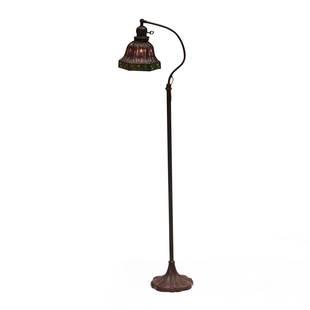 Handel Floor Lamp with 'Sunset Palm' Shade, Meriden, Connecticut, early 20th century, copper, g...: Handel Floor Lamp with 'Sunset Palm' Shade,Meriden, Connecticut, early 20th century, copper, glass, fabric Handel label, single socket with paddle switch, adjustable height, as shown 45 1/2 in.