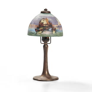 Handel Boudoir Lamp with Reverse-painted Glass Shade, Meriden, Connecticut, early 20th century, ...: Handel Boudoir Lamp with Reverse-painted Glass Shade,Meriden, Connecticut, early 20th century, shade depicts a Venetian seascape, painted mark '6364' and artist's initials 'JD,' dia. 7 in. (17.5 cm),