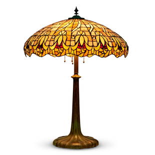 Mosaic Glass Shade Table Lamp, early 20th century, possibly Duffner and Kimberly, unmarked, five...: Mosaic Glass Shade Table Lamp,early 20th century, possibly Duffner and Kimberly, unmarked, five sockets with pull-chains with acorn ends, four gilt-metal bulb reflectors, shade dia. 24, total ht. 32