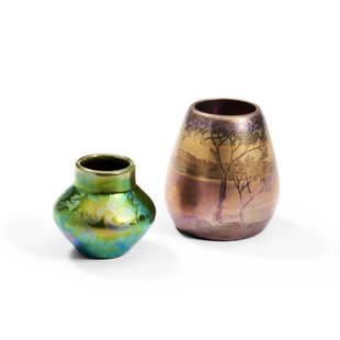 Two Jacques Sicard (1865-1923) for Weller Pottery Sicard Vases, Zanesville, Ohio, both unmarked,...: Two Jacques Sicard (1865-1923) for Weller Pottery Sicard Vases,Zanesville, Ohio, both unmarked, green glazed vase with floral decoration, ht. 2 1/2 in. (6.5 cm), copper-tone and green glazed vase