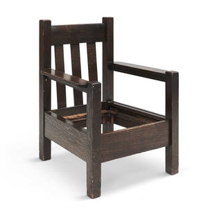 L.& J.G. Stickley Oak Armchair, Fayetteville, New York, early 20th century, unmarked, ht. 38 in...: L.& J.G. Stickley Oak Armchair,Fayetteville, New York, early 20th century, unmarked, ht. 38 in. (96.5 cm), wd. 29 3/4 in. (75.5 cm), dp. 27 in. (68.5 cm).Literature: Stephen Gray, ed., 'The Mission