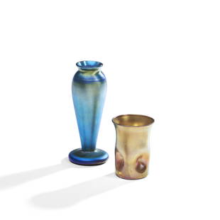 Quezal Vase and Kew Blas Tumbler, vase, Queens, New York, early 20th century, marked 'Quezal,' h...: Quezal Vase and Kew Blas Tumbler,vase, Queens, New York, early 20th century, marked 'Quezal,' ht. 7 1/4 in. (18.5 cm), dimpled tumbler, Union Glass 'Kew Blas,' Somerville, Massachusetts, early 20th