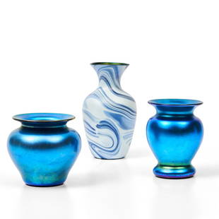 Imperial Art Glass Vase and Two Vandermark Vases, marbled vase, Imperial Art Glass, Bellaire, Oh...: Imperial Art Glass Vase and Two Vandermark Vases, marbled vase, Imperial Art Glass, Bellaire, Ohio, early 20th century, unmarked, ht. 8 in. (20.5 cm), two iridescent blue vases, Vandermark Merritt Art