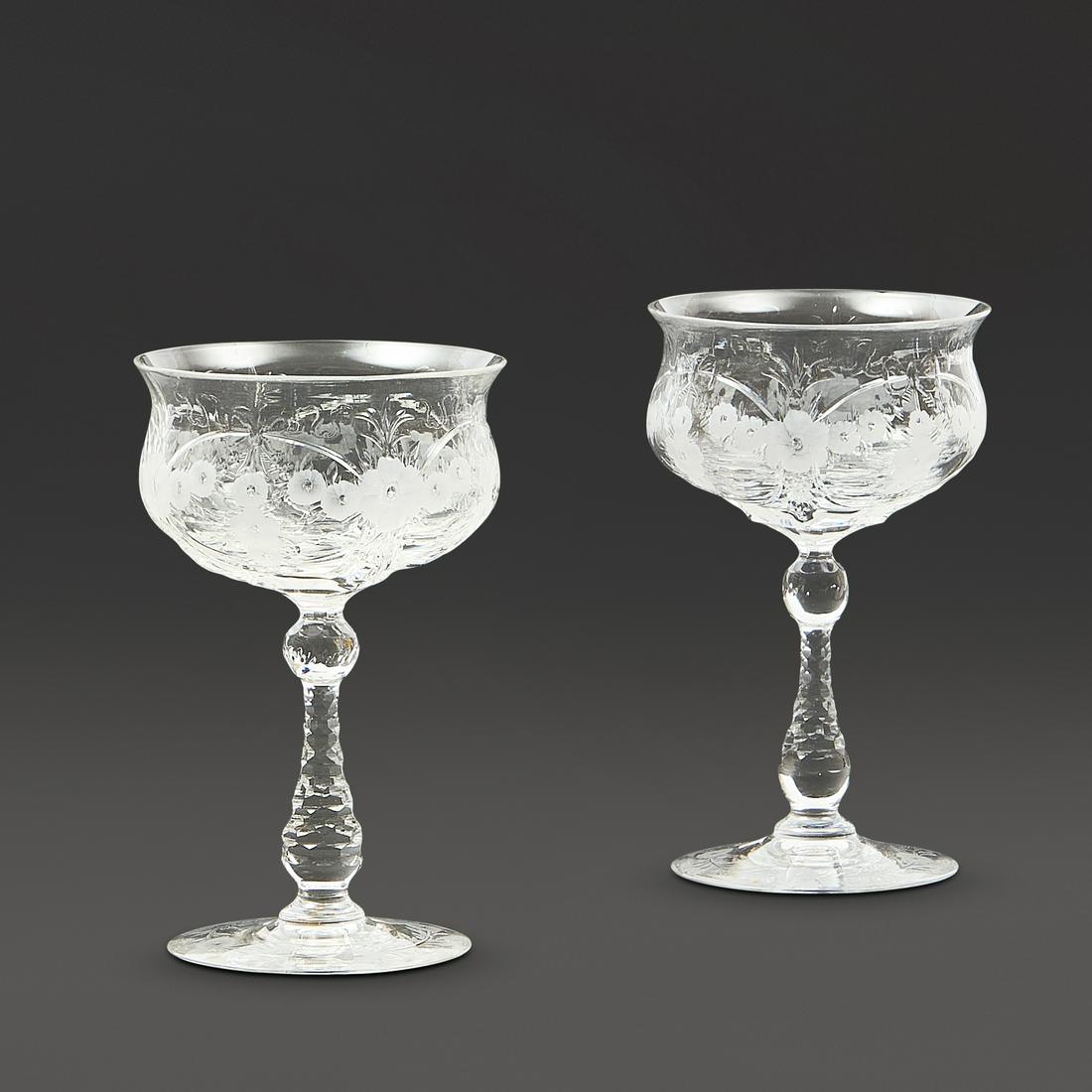 Pair of H.P. Sinclaire Engraved Glass Goblets, Corning, New York, early 20th century, unmarked, ...: Pair of H.P. Sinclaire Engraved Glass Goblets, Corning, New York, early 20th century, unmarked, ht. 5 1/2 in. (14 cm). Provenance: The Dimitroff Family Collection, Corning, New York.