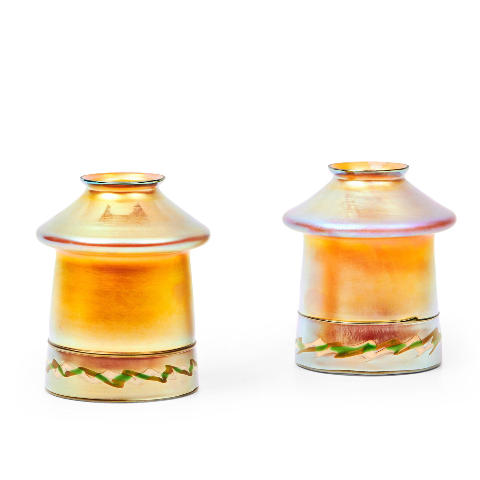 Pair of Steuben Gold Aurene Glass Shades with Intrasia Decorated Platinum Rims, Corning, New Yor... (1 of 1)