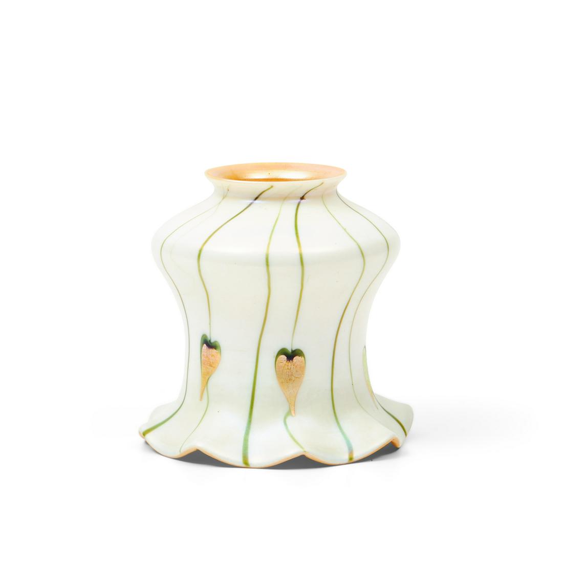 Lustre Art Glass Co. Leaf and Vine Glass Shade, New York, c. 1920, green and gold on white groun... (1 of 1)