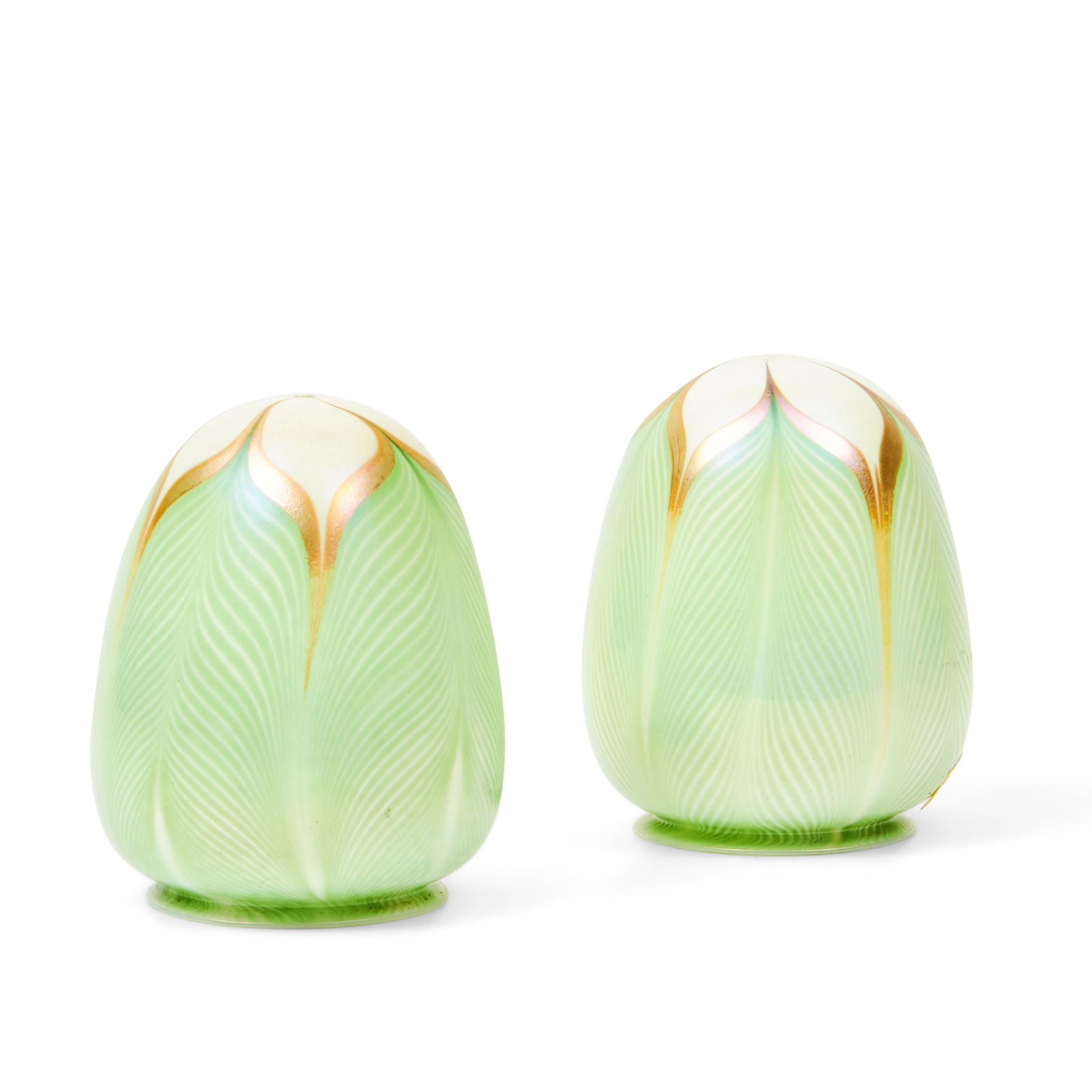 Pair of Quezal Bullet-form Green Pulled-feather Glass Shades, Queens, New York, early 20th centu... (1 of 1)