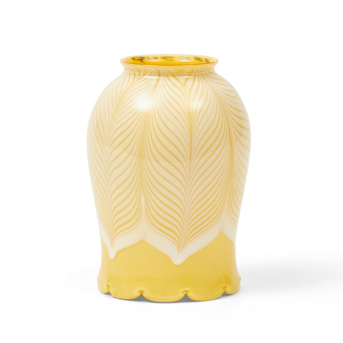 Quezal White Pulled-feather Glass Shade, Brooklyn, New York, early 20th century, yellow ground, ... (1 of 1)