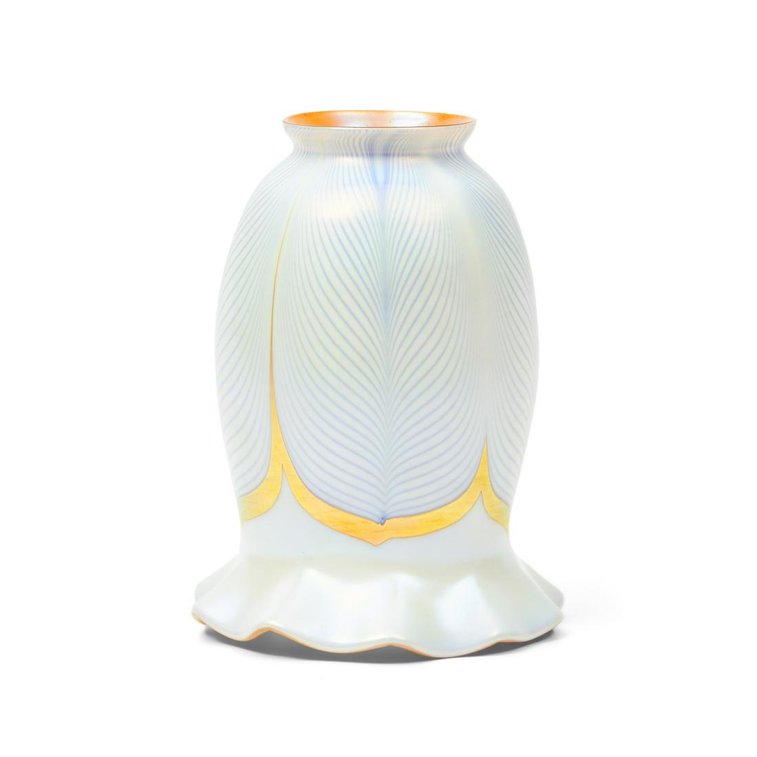 Quezal Blue Pulled-feather Glass Shade, Queens, New York, iridescent gold interior, ht. 5 1/2, f... (1 of 1)