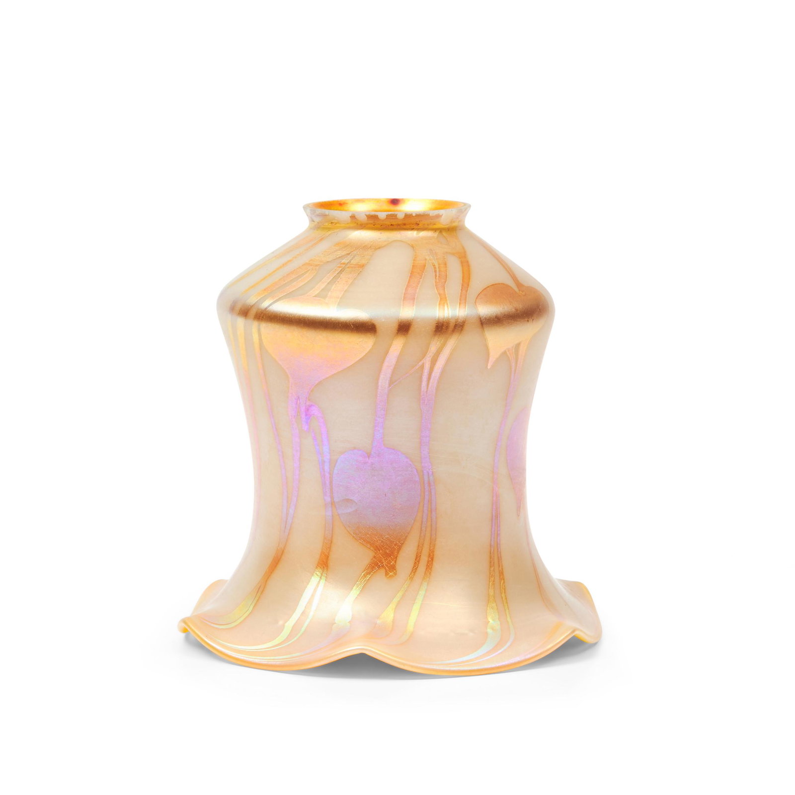 Lustre Art Glass Co. Iridescent Gold 'Hearts and Vine' Glass Shade, Queens, New York, early 20th...: Lustre Art Glass Co. Iridescent Gold 'Hearts and Vine' Glass Shade, Queens, New York, early 20th century, unmarked, ht. 5 1/4 in. (14.5 cm), fitter rim dia. 2 1/4 in. (5.5 cm). Provenance: The Dimitro