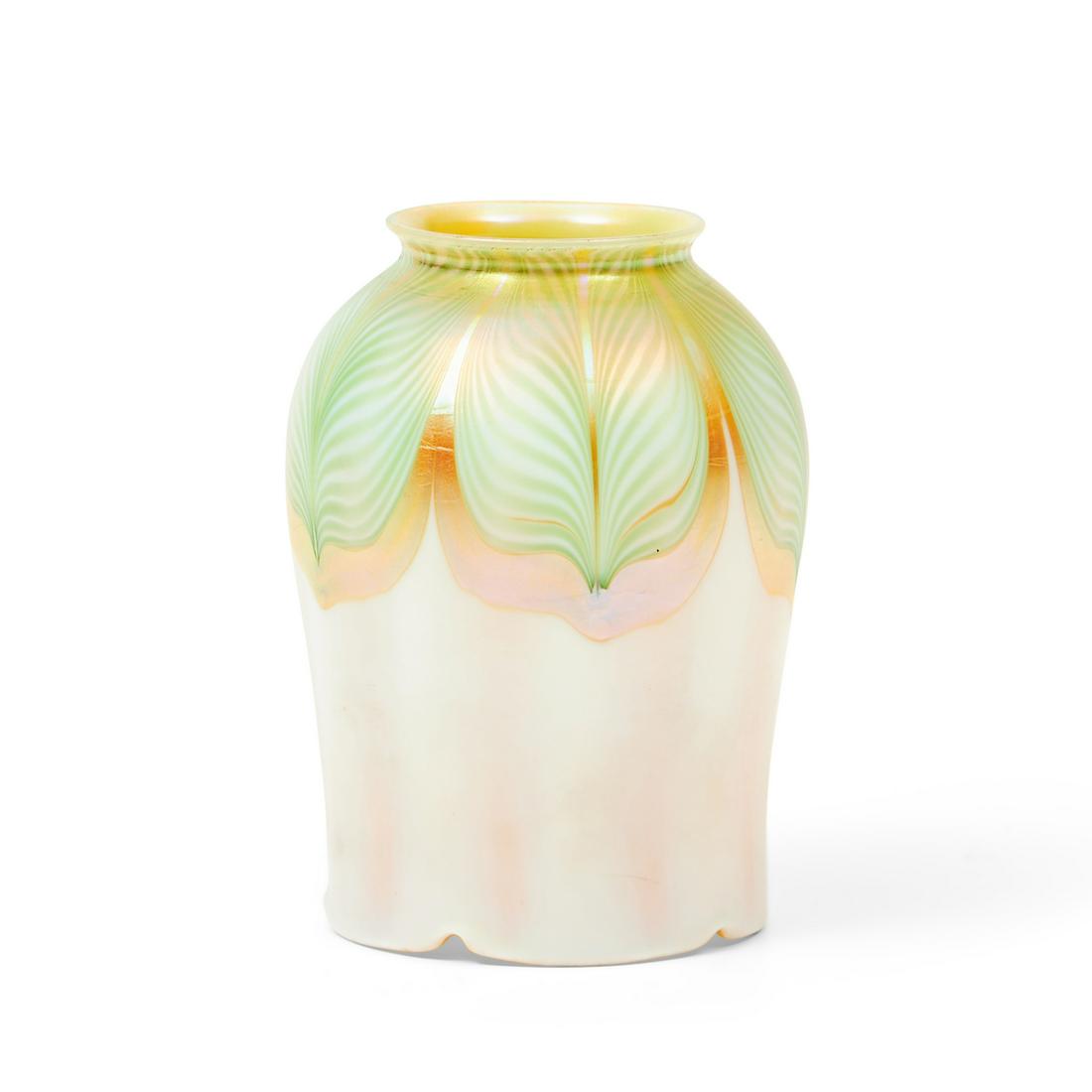 Quezal Green Pulled-feather Iridescent White Glass Shade, Queens, New York, early 20th century, ... (1 of 1)