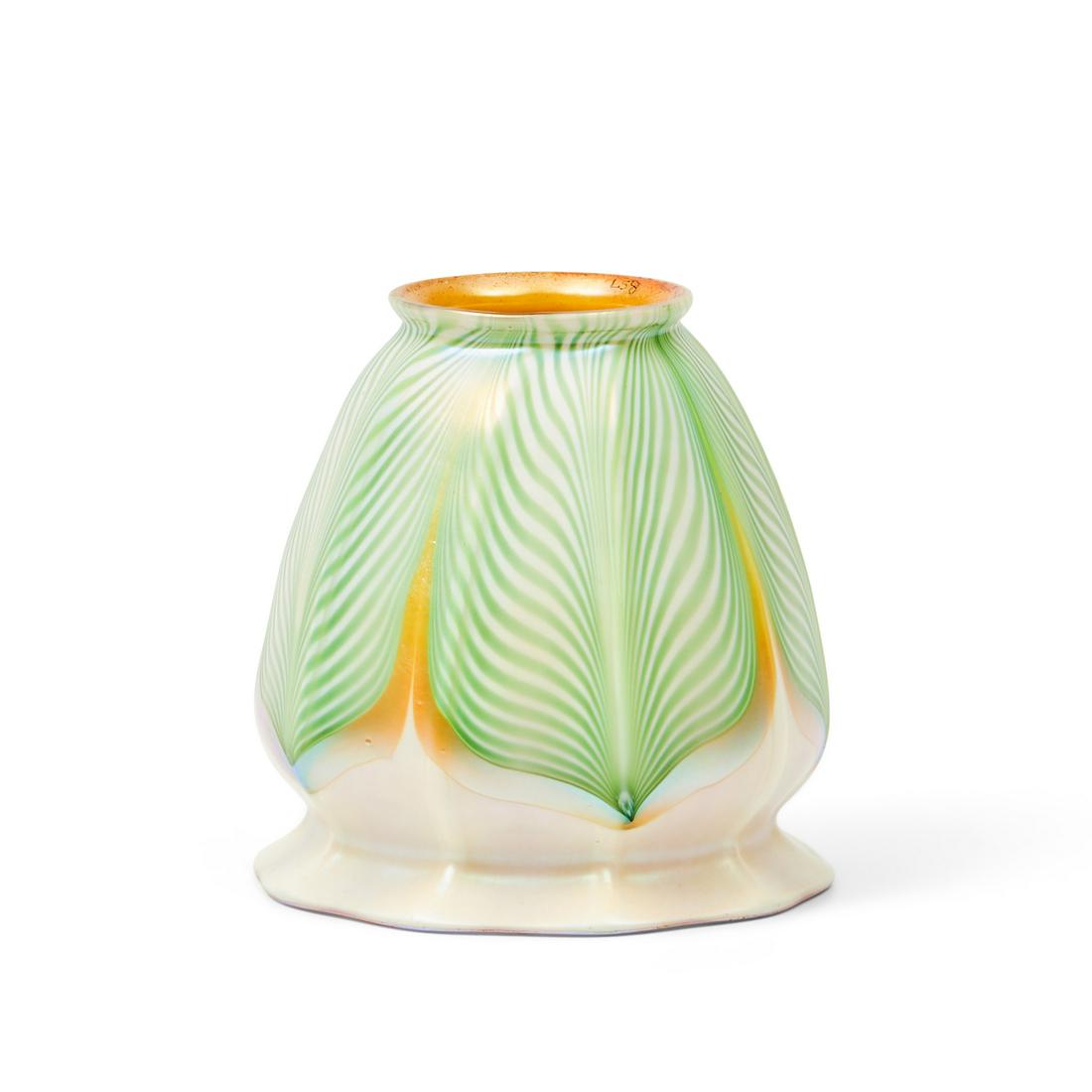 Quezal Green Pulled-feather Glass Shade, Queens, New York, iridescent gold interior, mark 'Queza... (1 of 1)