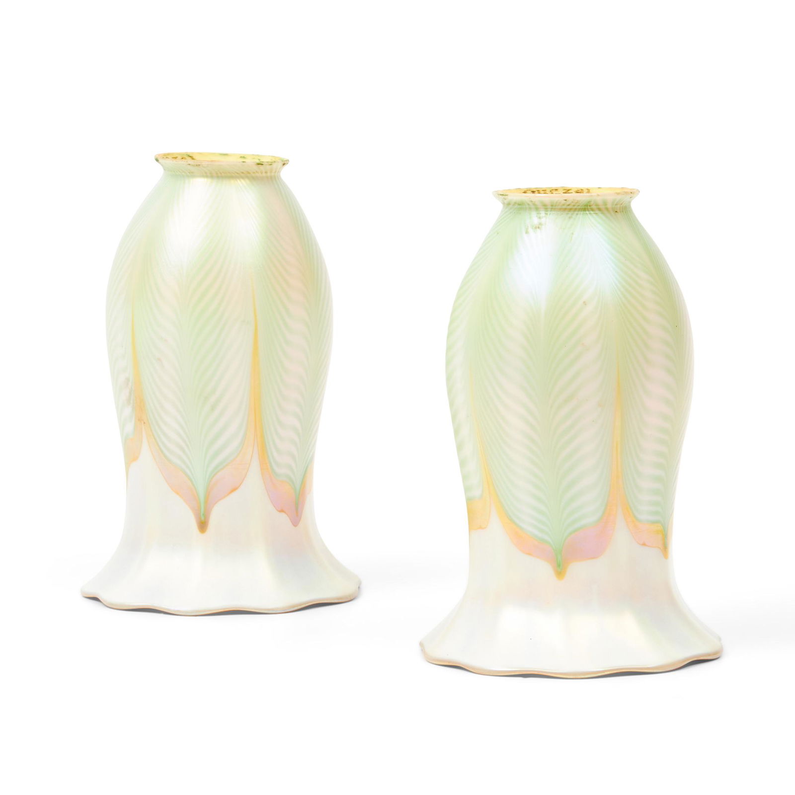 Pair of Quezal Green Pulled-feather Glass Shades, Queens, New York, early 20th century, iridesce... (1 of 1)