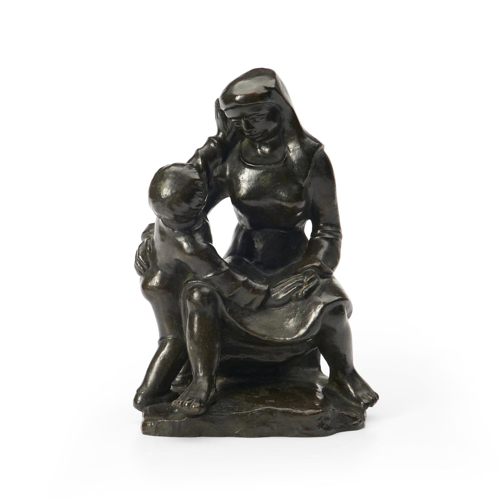 Lucile Passavant (France, 1910-2012) Bronze Sculpture of a Mother and Child, artist's signature,...: Lucile Passavant (France, 1910-2012) Bronze Sculpture of a Mother and Child, artist's signature, triangular foundry mark, ht. 11 in. (ht. 28 cm).