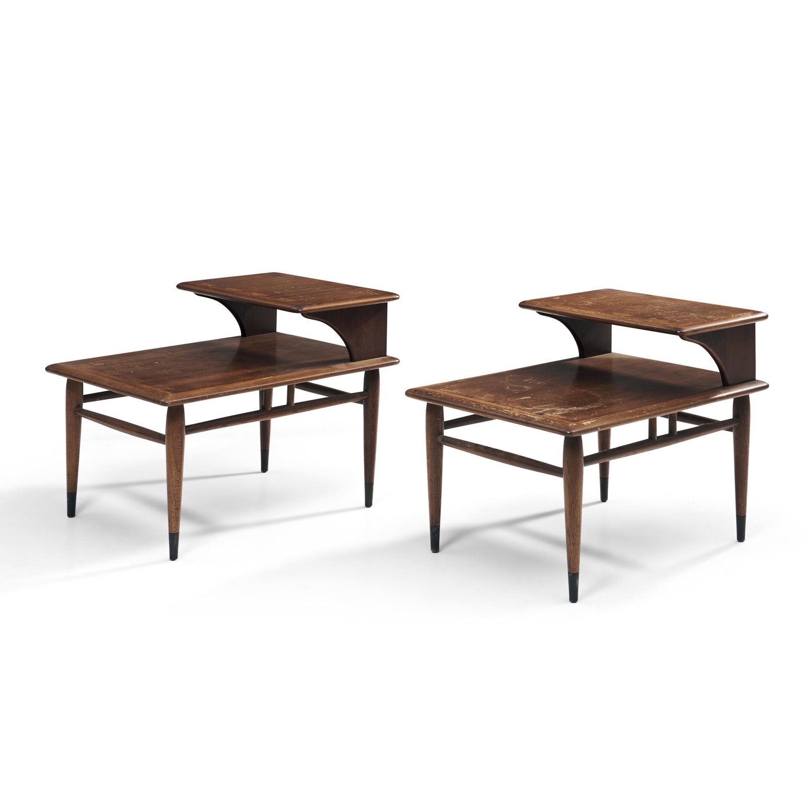 Pair of Andre Bus for Lane Aclaim Series End Tables, Altavista, Virginia, c. 1960, walnut, brand...: Pair of Andre Bus for Lane Aclaim Series End Tables, Altavista, Virginia, c. 1960, walnut, branded maker's marks, ht. 21 in. (53 cm), wd. 27 1/2 in. (70.5 cm), dp. 21 in. (54 cm).