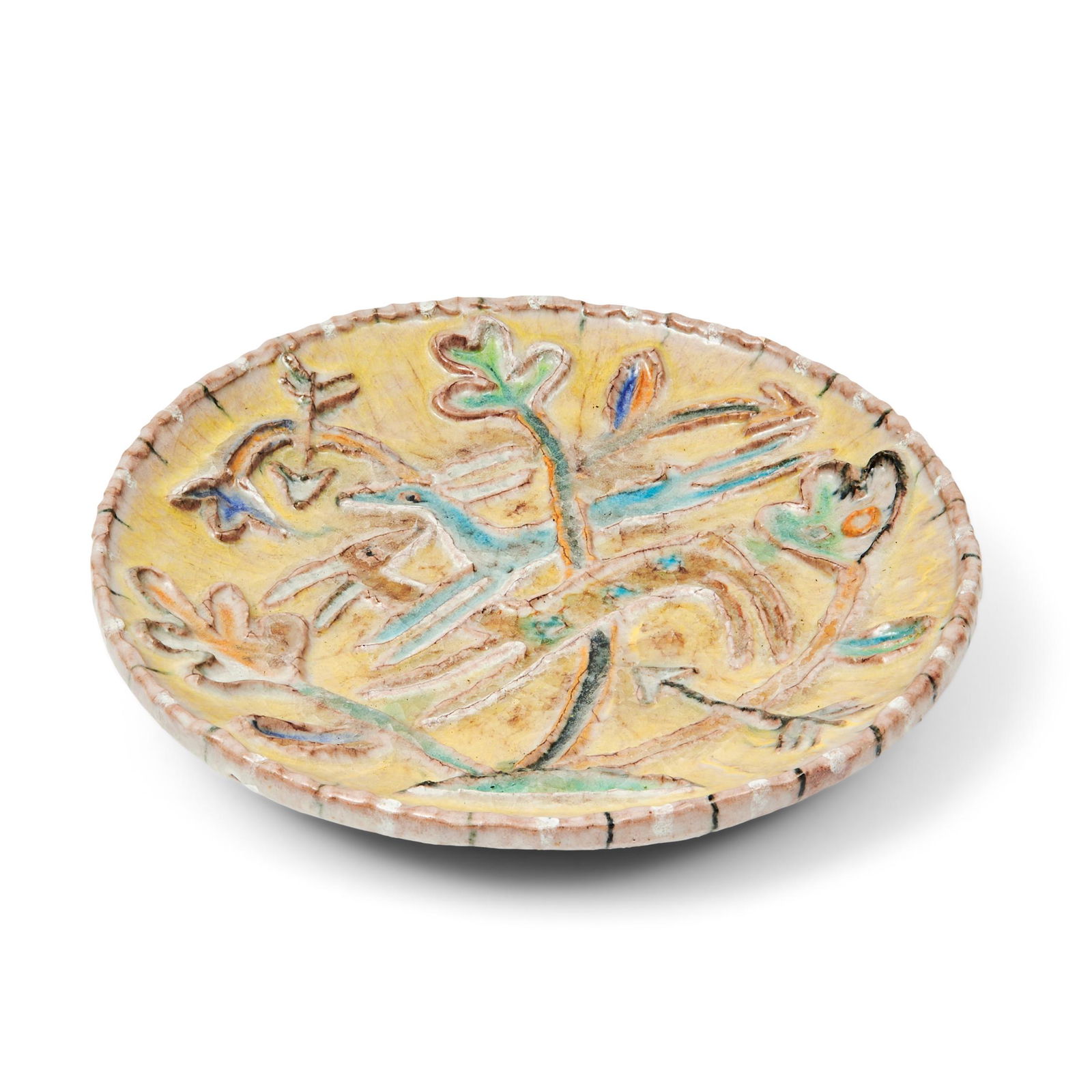 Guido Gambone (1909-1969) Ceramic Charger, Italy, c. 1950, ink mark 'MACS Vietri 543,' and fish ...: Guido Gambone (1909-1969) Ceramic Charger, Italy, c. 1950, ink mark 'MACS Vietri 543,' and fish logo, dia. 17 1/4 in. (44 cm).