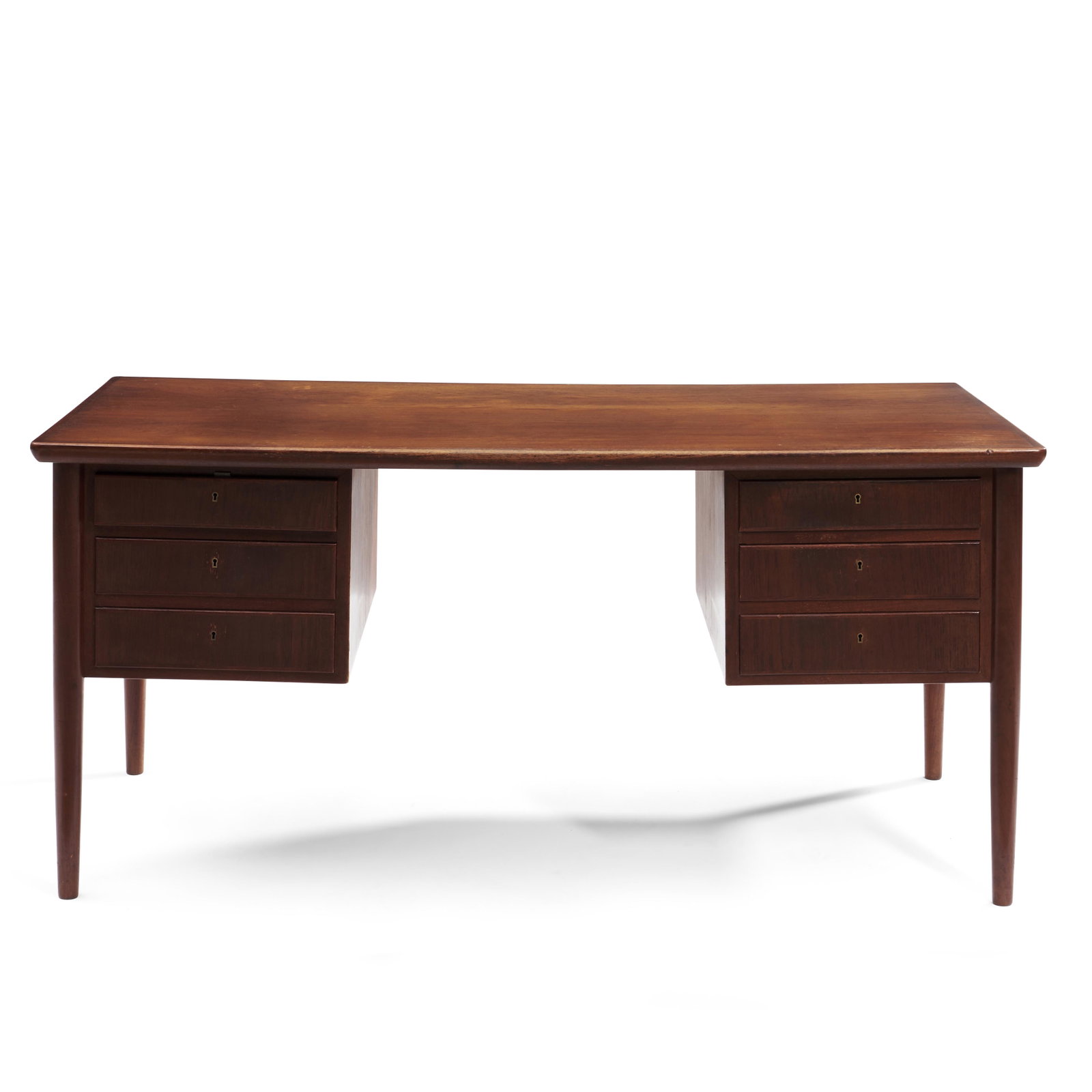 Gustav Bertelsen Teak Desk, Denmark, c. 1950, partial paper label, ht. 29 in. (73.5 cm), wd. 61 ...: Gustav Bertelsen Teak Desk, Denmark, c. 1950, partial paper label, ht. 29 in. (73.5 cm), wd. 61 3/4 in. (157 cm), dp. 31 in. (78.5 cm).