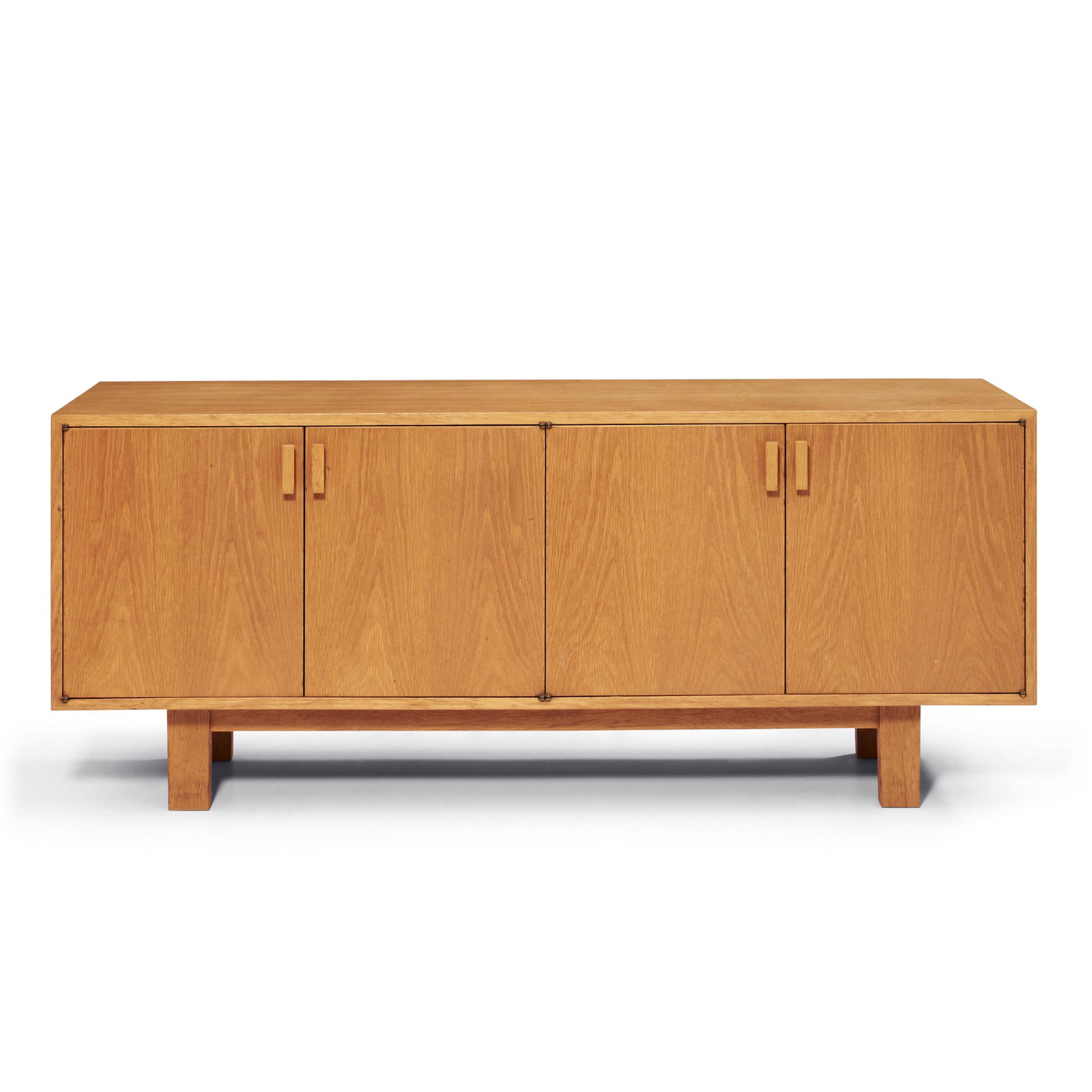 Charles Webb Oak-veneer Sideboard, Cambridge, Massachusetts, c. 1970, paired doors, unmarked, ht...: Charles Webb Oak-veneer Sideboard, Cambridge, Massachusetts, c. 1970, paired doors, unmarked, ht. 25 1/2, wd. 61 3/4, dp. 16 in.