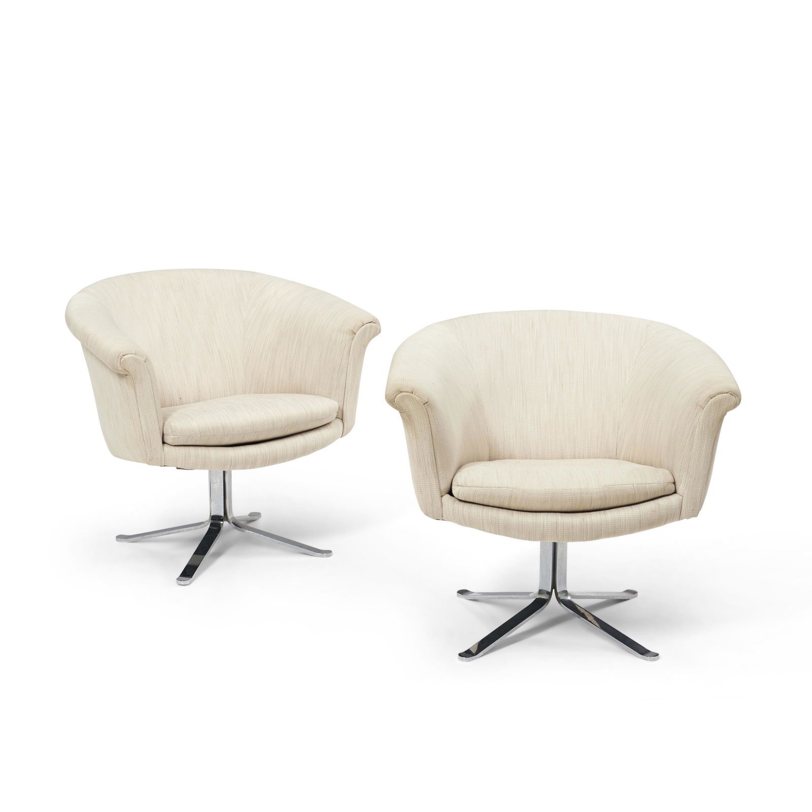 Pair of Upholstered Swivel Chairs, fourth-quarter 20th century, chromed steel bases, unmarked, h... (1 of 1)