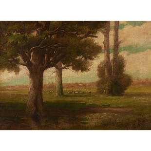 William Morris Hunt (American, 1824-1879) Landscape with Majestic Trees and Distant Grazing Floc...: William Morris Hunt (American, 1824-1879) Landscape with Majestic Trees and Distant Grazing Flock monogrammed 'WMH' (lower right), identified on a handwritten label (affixed to the stretcher) oil on c