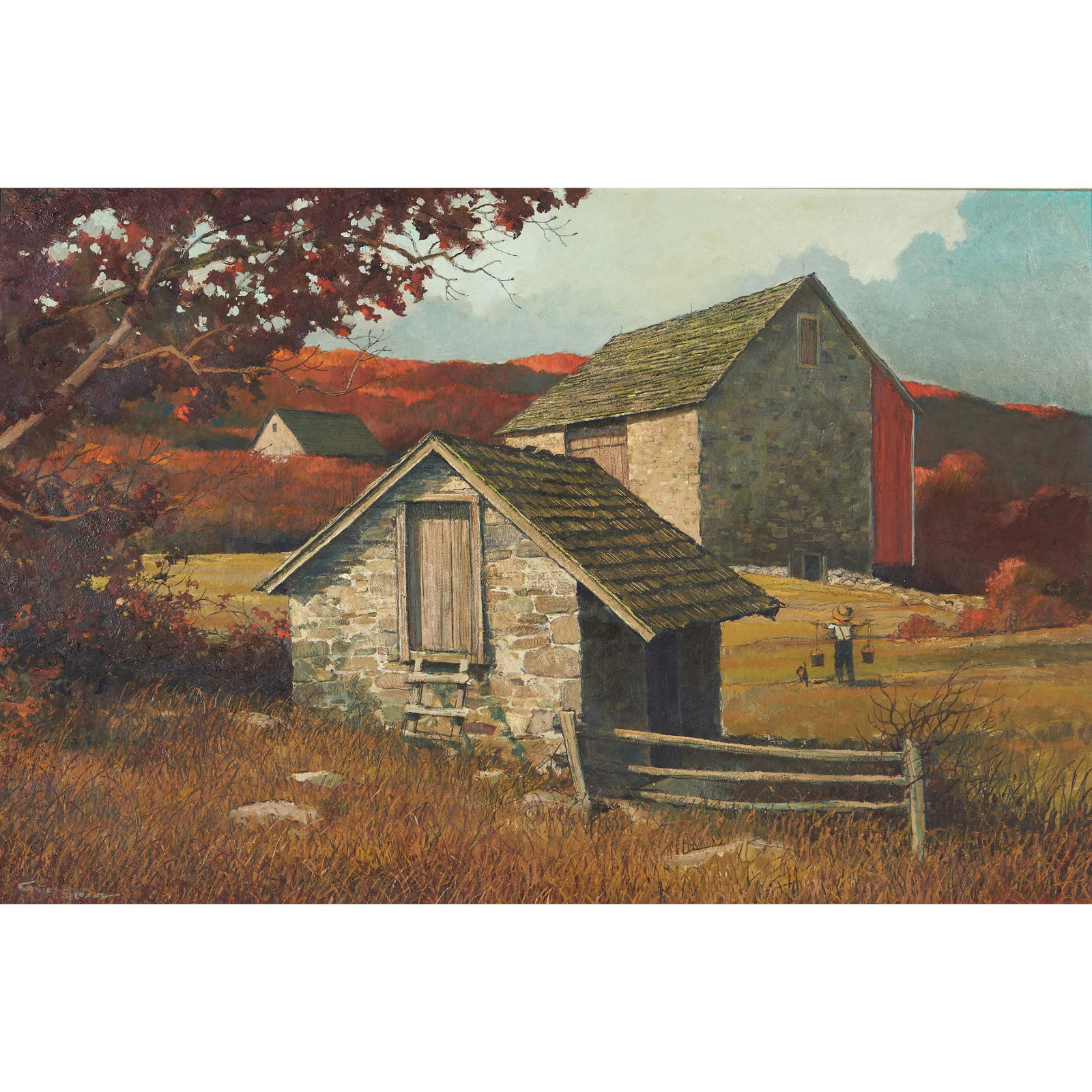 Eric Sloane (American, 1905-1985) Stone Barns in Autumn 23 1/8 x 35 1/4 in. (58.8 x 89.5 cm) fr...: Eric Sloane (American, 1905-1985) Stone Barns in Autumn signed 'Eric Sloane' (lower left) oil on Masonite 23 1/8 x 35 1/4 in. (58.8 x 89.5 cm) framed 31 1/4 x 43 in. Footnotes: Provenance