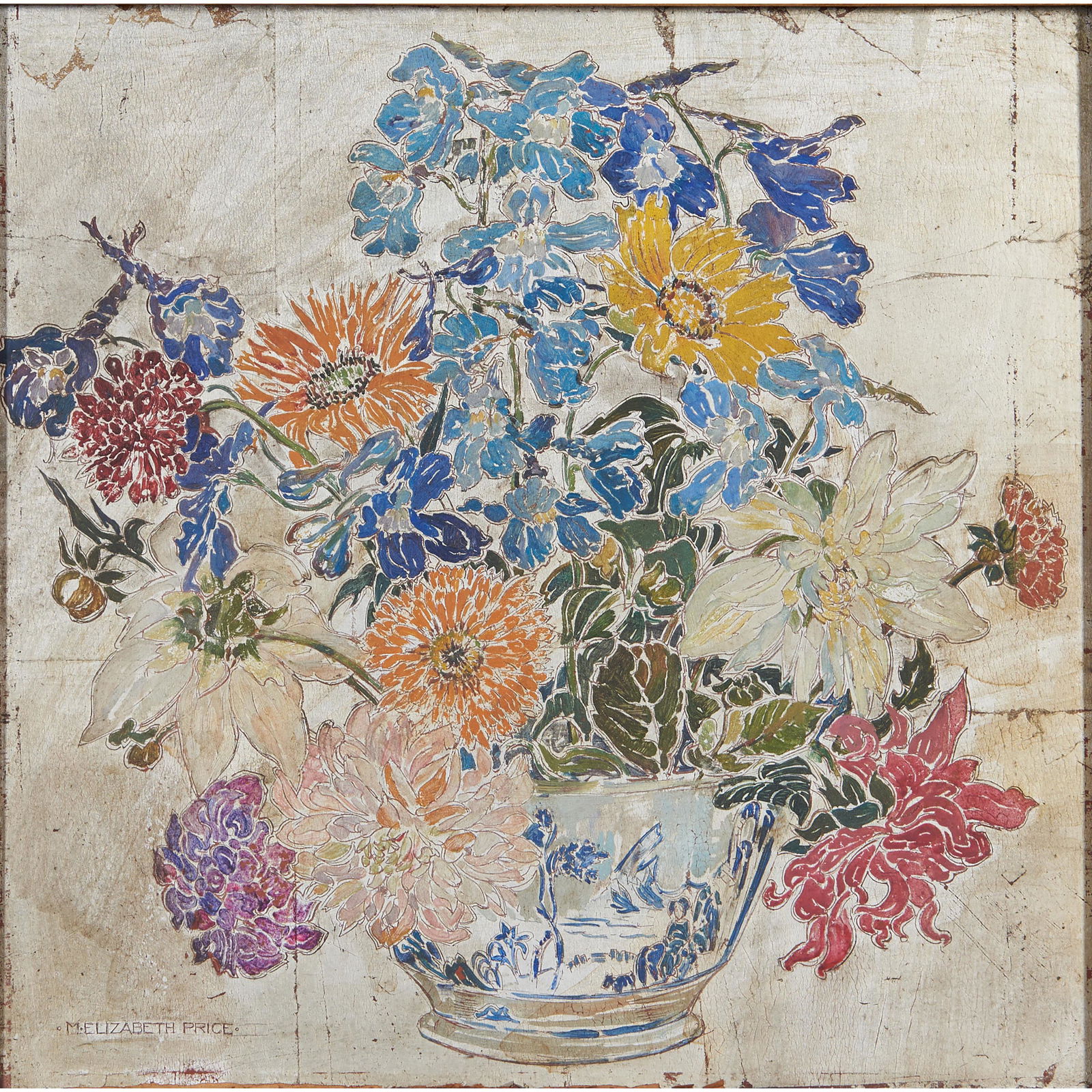 Mary Elizabeth Price (American, 1877-1965) Nantucket Flowers 13 3/4 x 14 in. (34.9 x 35.5 cm) fr...: Mary Elizabeth Price (American, 1877-1965) Nantucket Flowers signed '·M·ELIZABETH PRICE·' (lower left), titled and signed (on the reverse) oil and silver leaf on board 13 3/4 x 14 in. (
