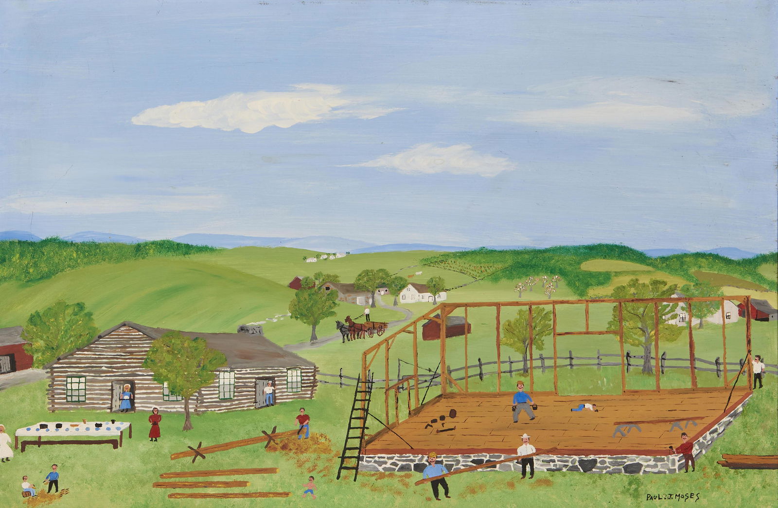 Paul J. Moses (American, 1946-2016) Barn Raising 16 x 24 in. (40.5 x 61.2 cm) framed 20 3/4 x 29... (1 of 4)