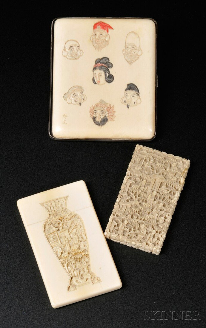 Three Ivory Cases, China, two card cases with reli: Three Ivory Cases, China, two card cases with relief carvings of scholars in bamboo groves; one Japan, with polychrome relief carvings of the Seven Gods of Fortune, lg. 4 in.